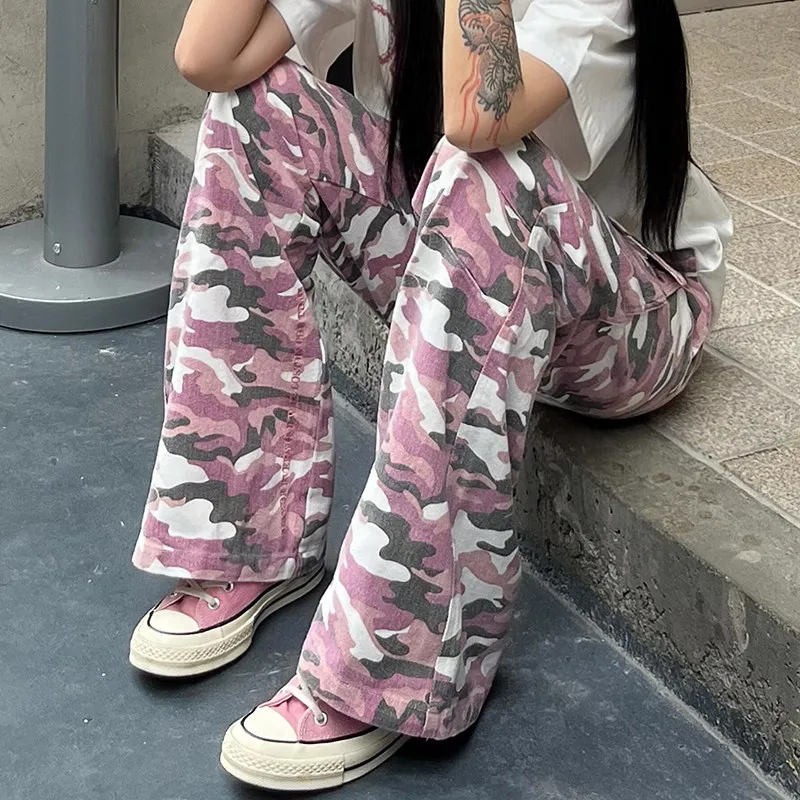 

Pink American Hiphop Camouflage Work Pants Men's Retro Straight Leg Loose Wide Leg Casual Long Trousers Faionable Youthful ...