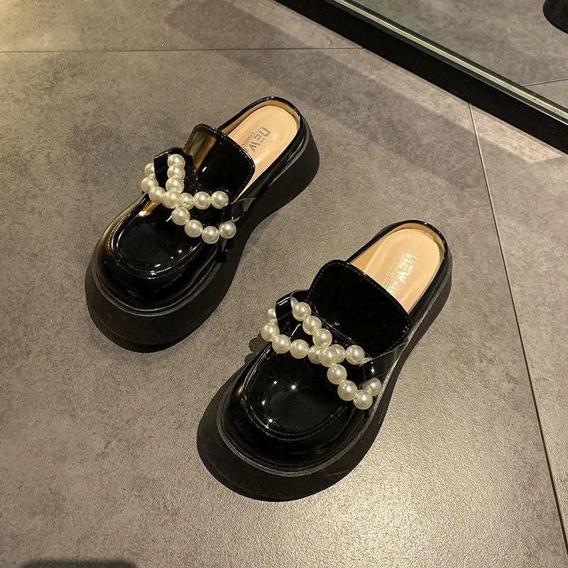 

Woman Mules Slippers Round Toe Slides Platform Shoes for Women Pearl Black Clappers H Sandal on Promotion High Quality Sandals
