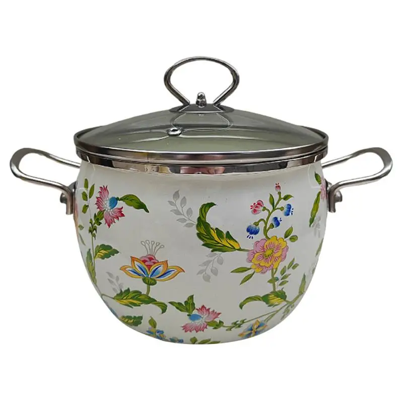 1 Vintage Enamel Stockpot Saucepan Induction Enamel Pot With Lid Soup Pot Enamel Canteen Stew Pot Double Handle Boiling Pot 2.8L