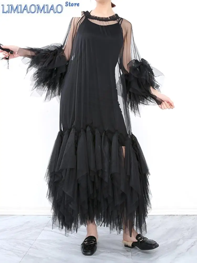 New Women Black Ruffles Long Big Size Dress Round Neck Three-quarter Sleeve Loose Fit Fashion Spring Summer