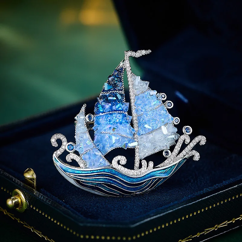 Blue Crystal Sailboat Brooch Women Smooth Sailing Lapel Pin Fashion Coat Suit Dinner Party Accessories Gift