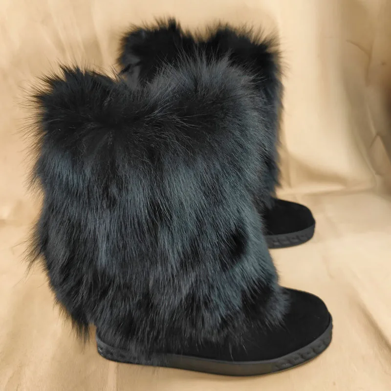 Fashion Black White Real Fox Fur Snow Boots 8cm Inner Wedge Increased Sole Mid Boots Winter Full Fur Boots Woman Booties