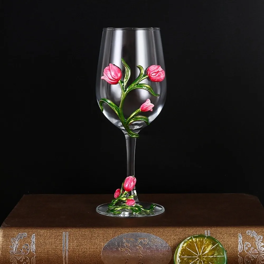 Decorative Tulip Floral Tulip Flower Wine Glass 350ML Transparent Clear Stemmed Cup 3D Creative Elegant Embossed Cup Party Gift