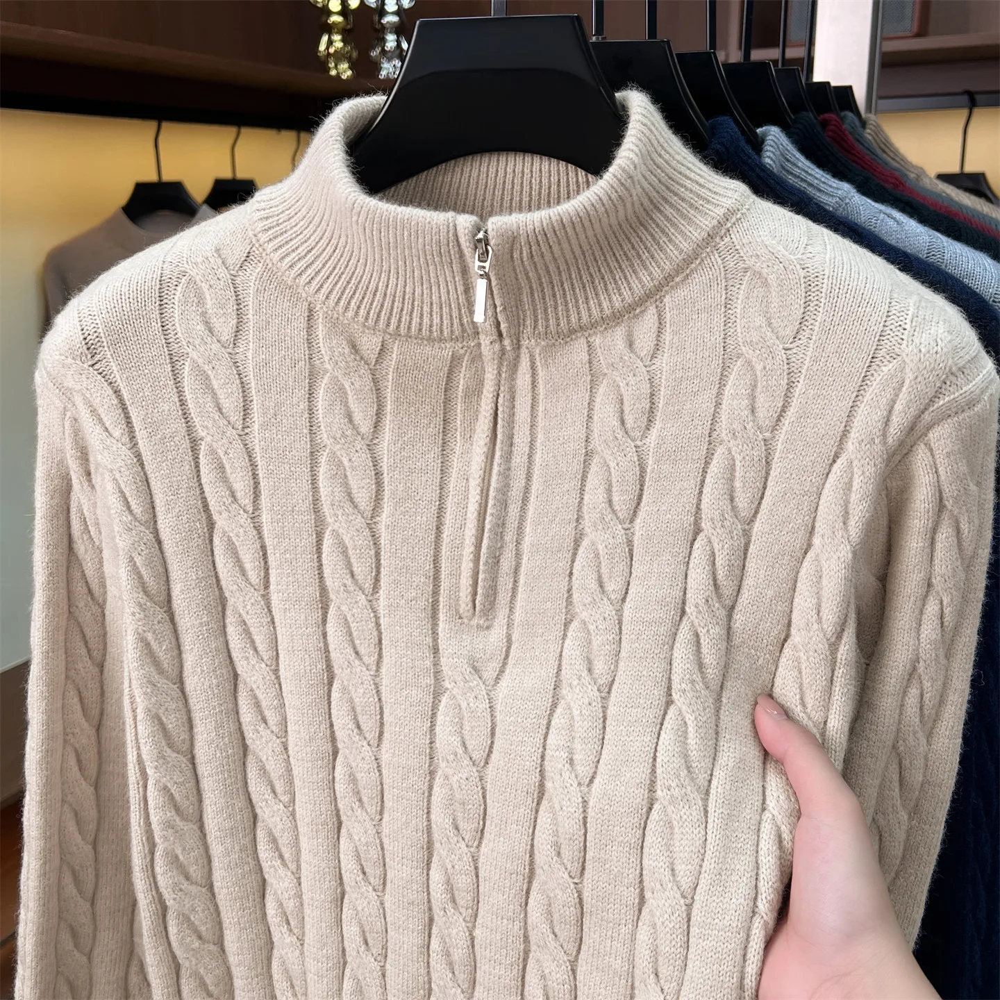 Personality jacquard knitted stand collar sweater men's luxury new solid color soft comfort warm casual half zipper pullover