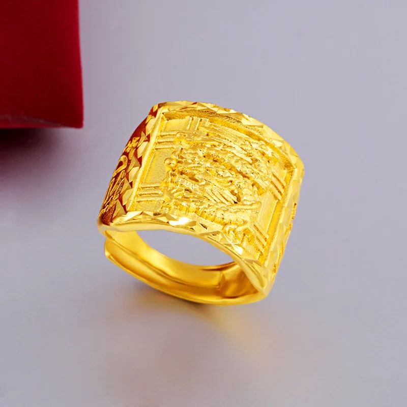9999 24K Real Gold Ring, Domineering Dragon Pattern Boss\'s Good Luck Ring, Men\'s and Women\'s Dragon Head Ring Father\'s Gift