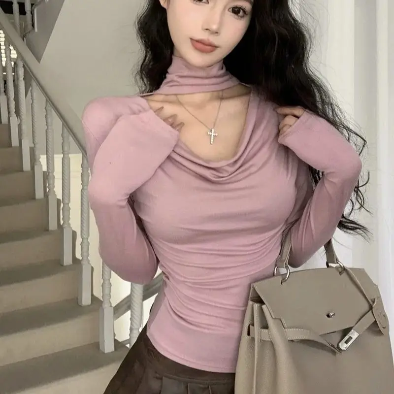

Korean contrasting color one-shoulder short-sleeved T-shirt for women 2025 summer new irregular knitted top