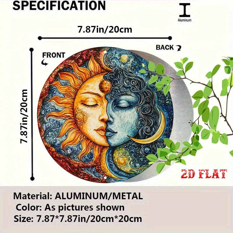 2D Flat - A Round Metal Sign with Classic Sun And Moon Designs in a Cosmic Theme, Perfect for Artistic Environments Like Cafes