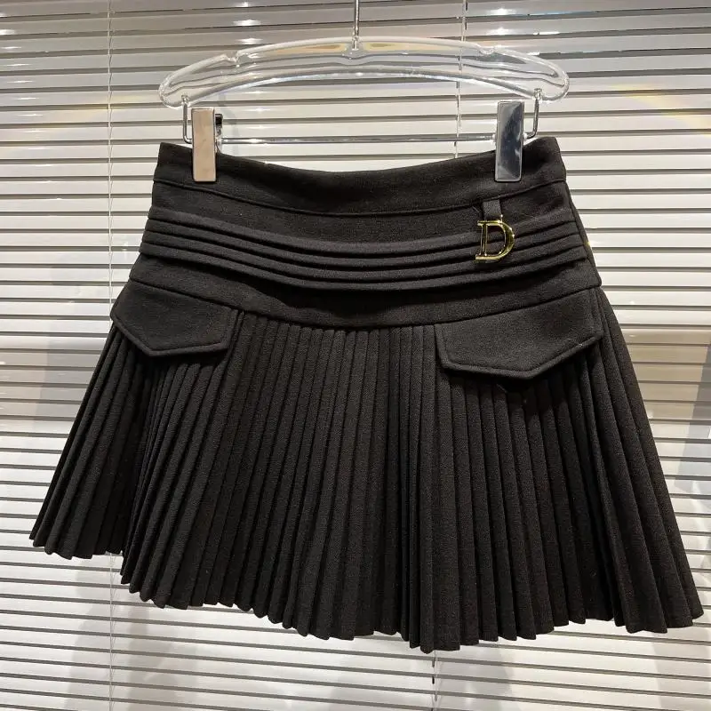 

Trendy Metal Letter Pendant Woolen Skirt Pleated Ball Gown f-length Skirts Spring A-line ape Pure Color