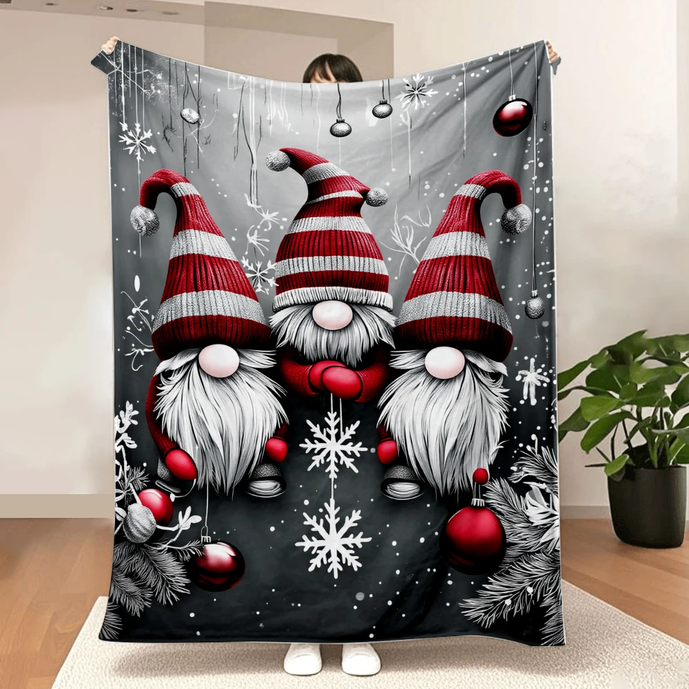 1PC Christmas Dwarf and Snowflake Print Blanket-Made of soft, fluffy flannel, perfect for a sofa, bed or lounge chair. Ideal for