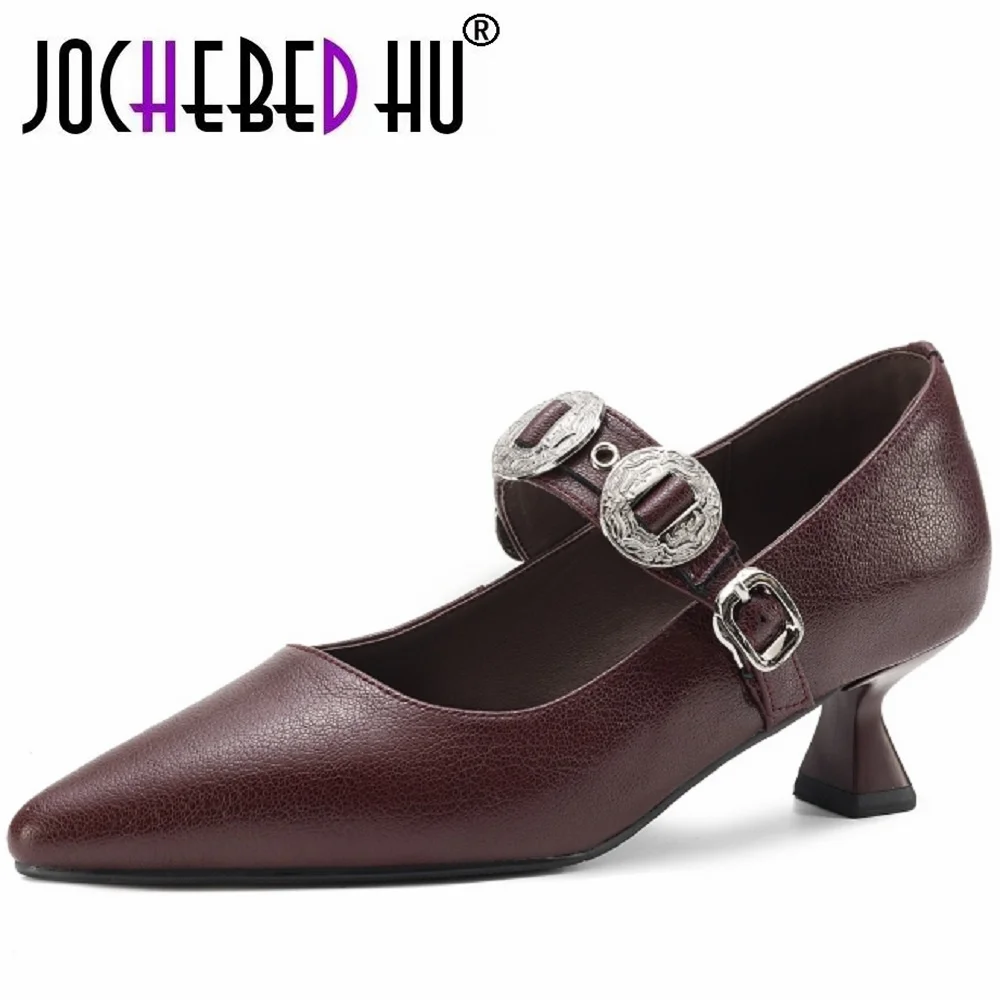 

【JOCHEBED HU】Женские туфли Мэри Джейн с заостренным носком из натуральной кожи ручной работы, удобные, элегантные, роскошные, дизайнерские, на среднем каблуке, размеры 33-40.
