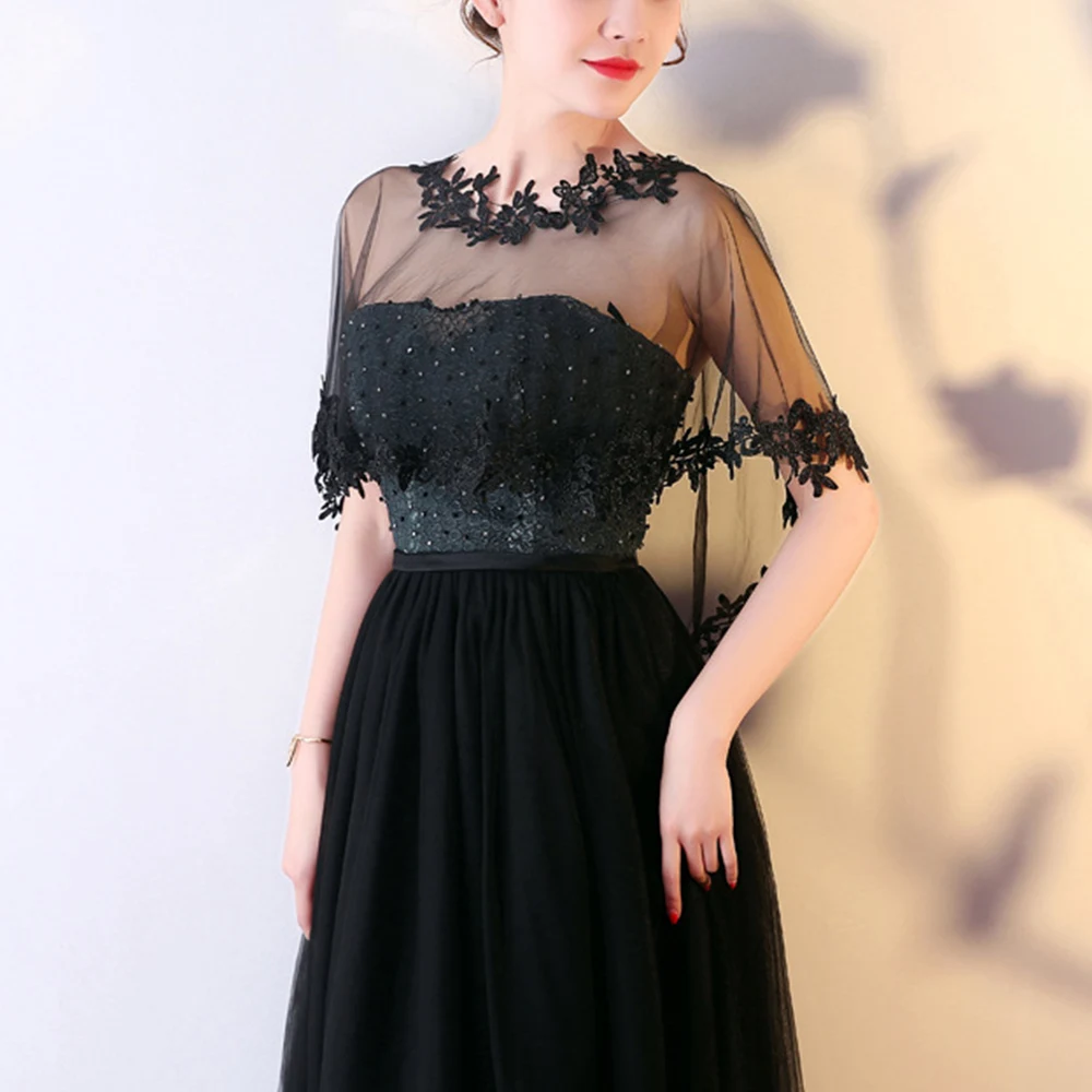 Casual O-Neck Lace Short Sleeve Bridal Wedding Elegant Women Cape Summer Black Applique Tulle Evening Prom Cape Cosplay Shawl