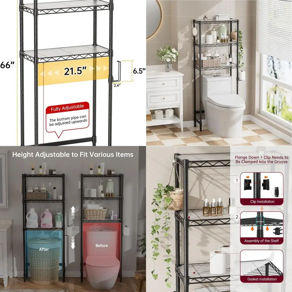 

3-Tier Freestanding Toilet Storage Organizer with Adjustable Shelves and Basket, Black