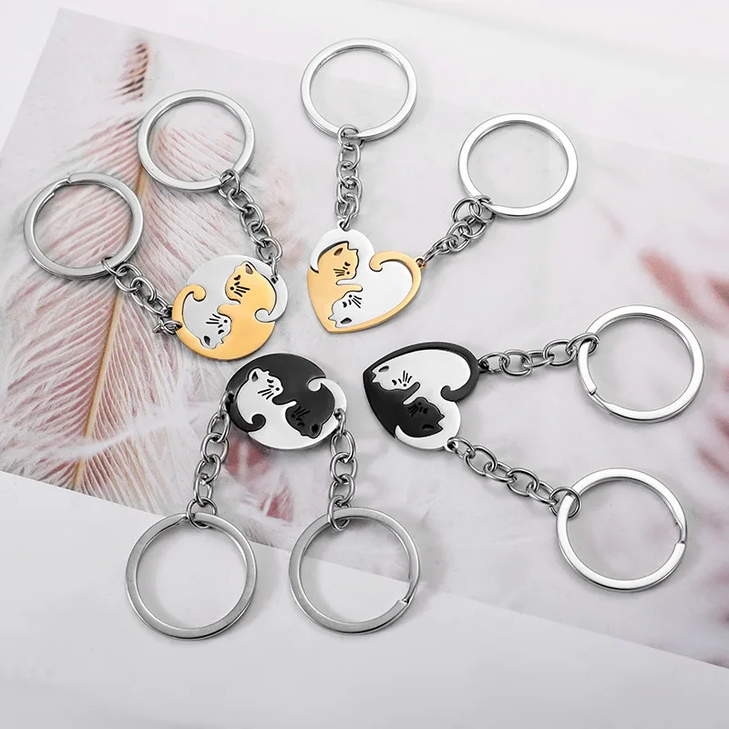 Porte-clés en forme de cœur de chat noir en acier inoxydable blanc, porte-clés anti-perte, pendentif de sac, accessoires d'amour, cadeau pour couples