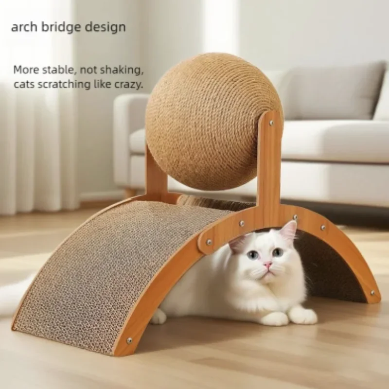 2-in-1 Cat Grinding Paw Toy Scratching Ball Solid Wood Scratcher Sisal Wear-Resistant Cat Scraper Wooden Cat Scratcher for Kitte