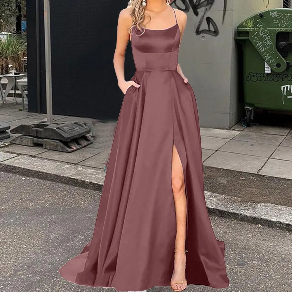 

Sexy Modern A-Line Prom Gown Satin Spaghetti Strap Sleeveless Evening Dress Court Train Wedding Guest Dress 2025 Free Customized