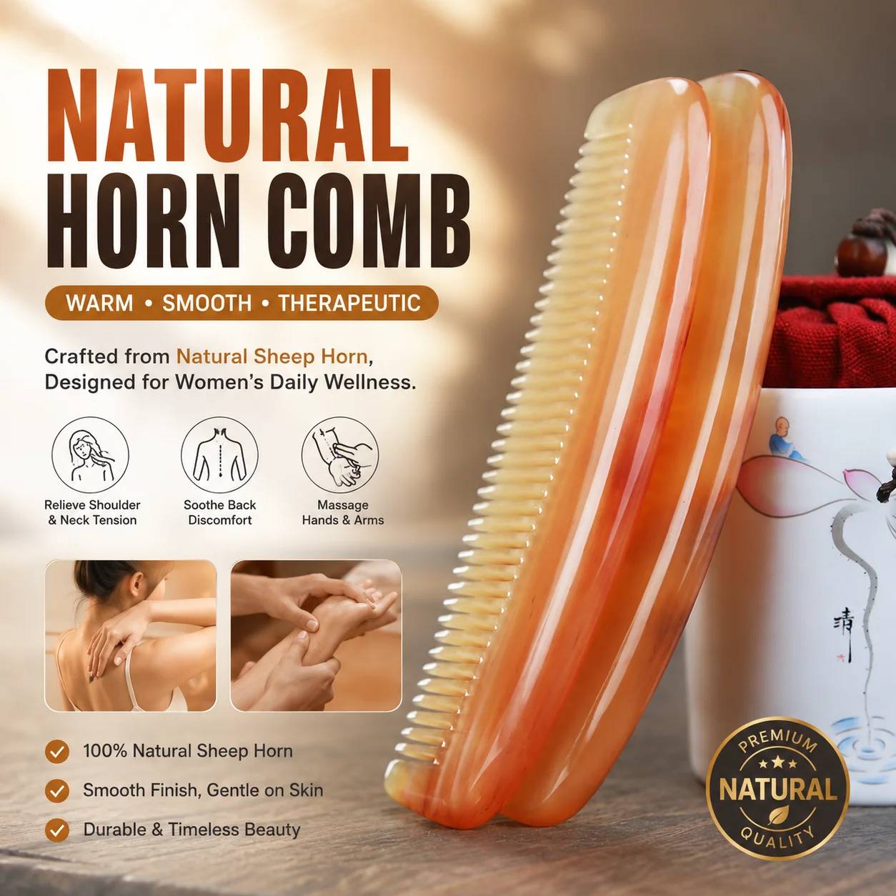 Sheep’s horn comb for anti-static hair loss massage, horn comb, cute for girlfriends, comes with a bag. Includes sandalwood.