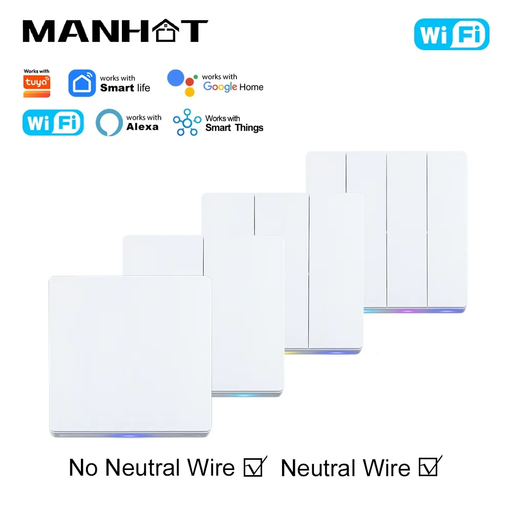 

Manhot EU WiFi Smart Wall Switch No Neutral Wire Required 1/2/3/4 Gang Light Switch Smart Home Work with Tuya Alexa Google Home
