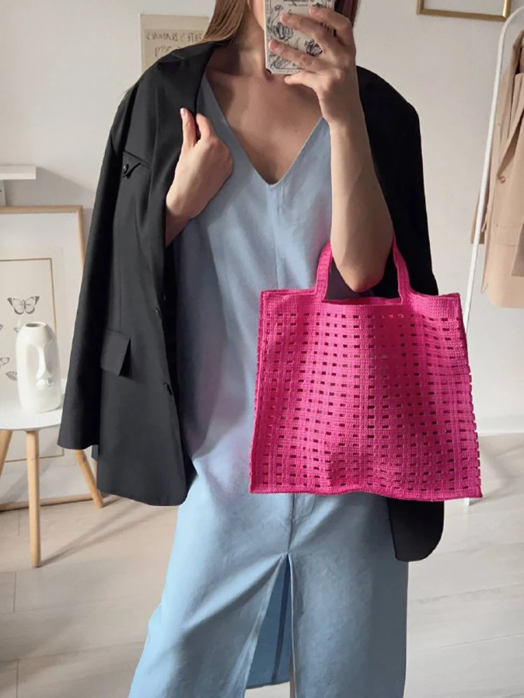 MABULA Solid Pink Hollow Out Crochet Shopper Handbag Summer Mesh Square Tote Clutch Purse 2023 Brand Designer Beach Shopping Bag