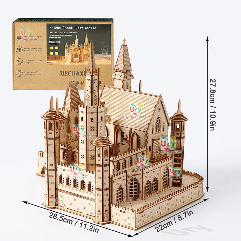 URY 3D Wooden Puzzle House Royal Knight's Castle with Box Assembly Retro Toy for Kids Adult DIY Model Kits Decoration Gifts