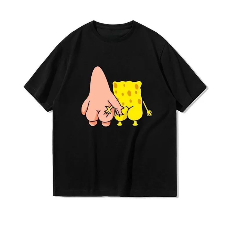 Summer SpongeBob SquarePants Printed Round Neck T-shirt Cartoon Pattern Men's and Women's Casual Fun Couple Top