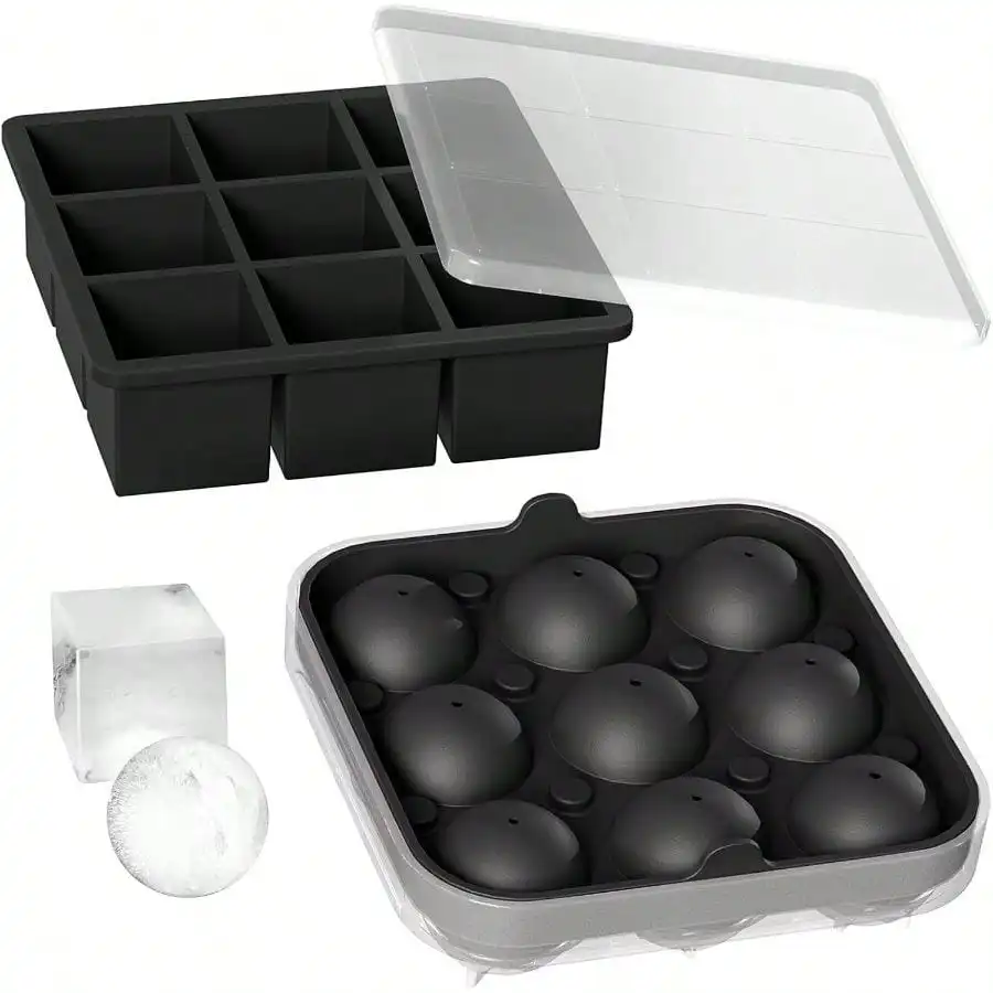 

Silicone Ice Cube & Sphere Tray Set With Lid, 2 Pack Large 2-Inch Reusable Freezer Molds, Leak-Resistant Easy-Release Design, 9 Cubes & 9 Spheres Per Tray, For Whiskey, Cocktails & Home Bar Use