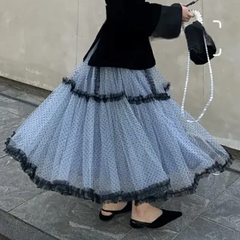 2024 Autumn and Winter Plus Size fashion Retro Polka Dot Fluffy Mesh Pleated long Skirt Women's chic and elegant woman skirt