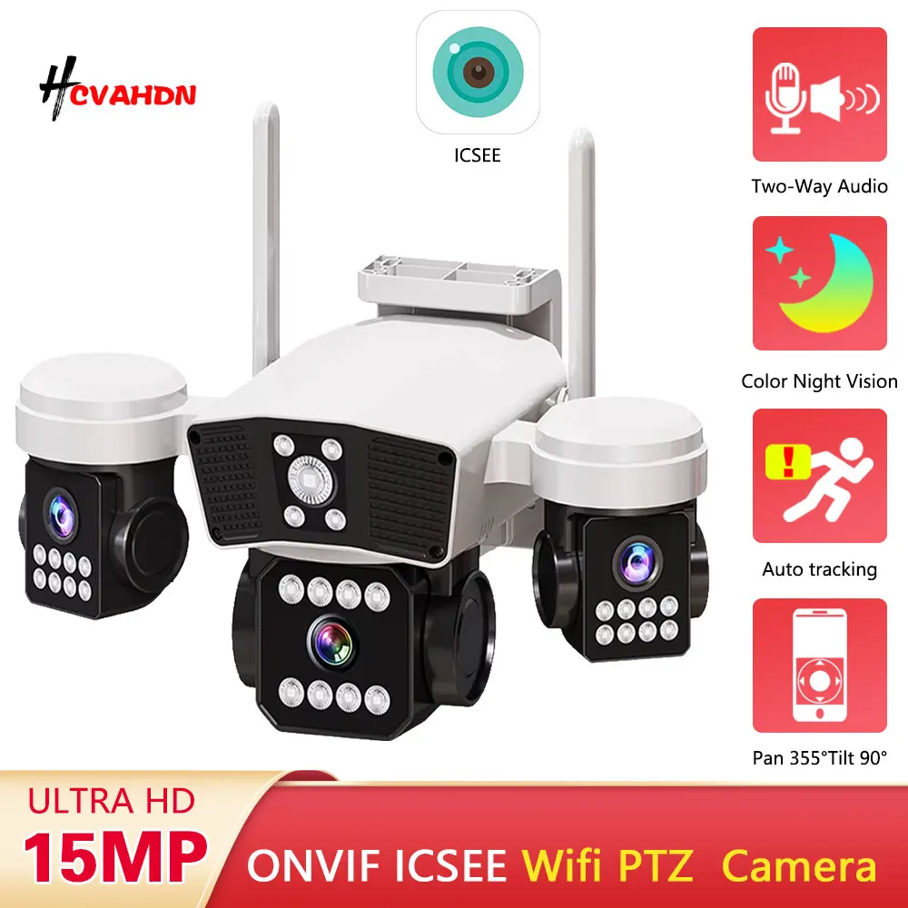

Three Lenses Triple Screens Wifi PTZ Camera Home Waterproof ICsee Xmeye 15MP Outdoor Wireless Cctv Security Full Color IP Camera