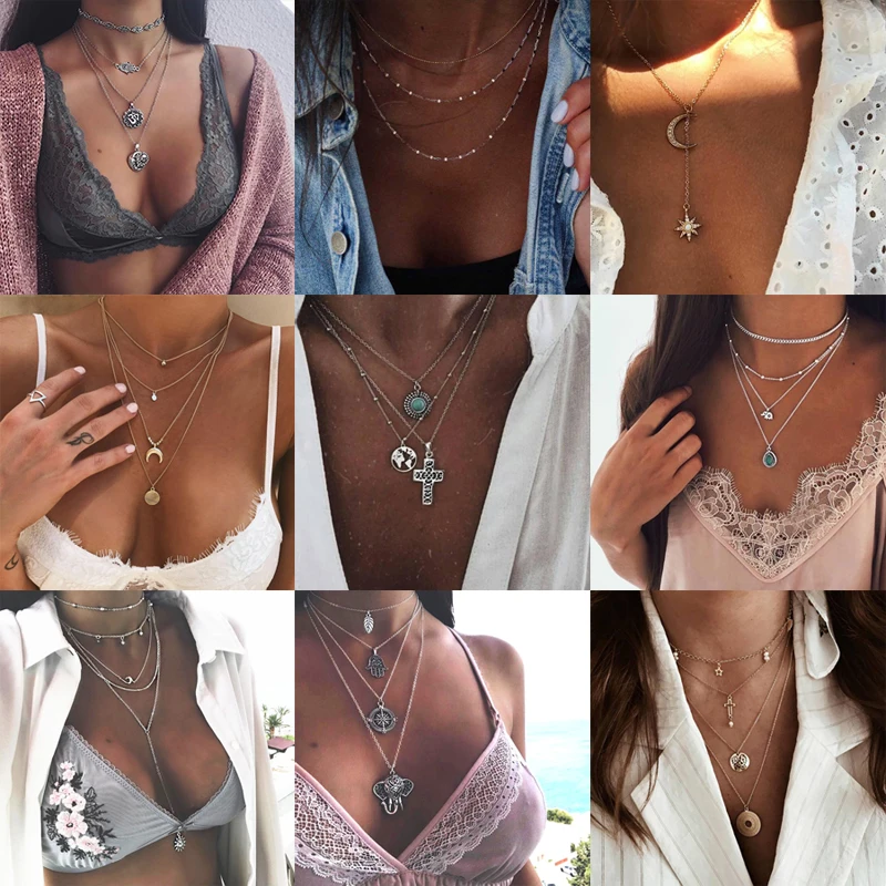 Bohemian Multi layered Necklaces For Women Moon Cross Tree Star Pendant chains Statement Choker 2020 Boho Fashion Jewelry