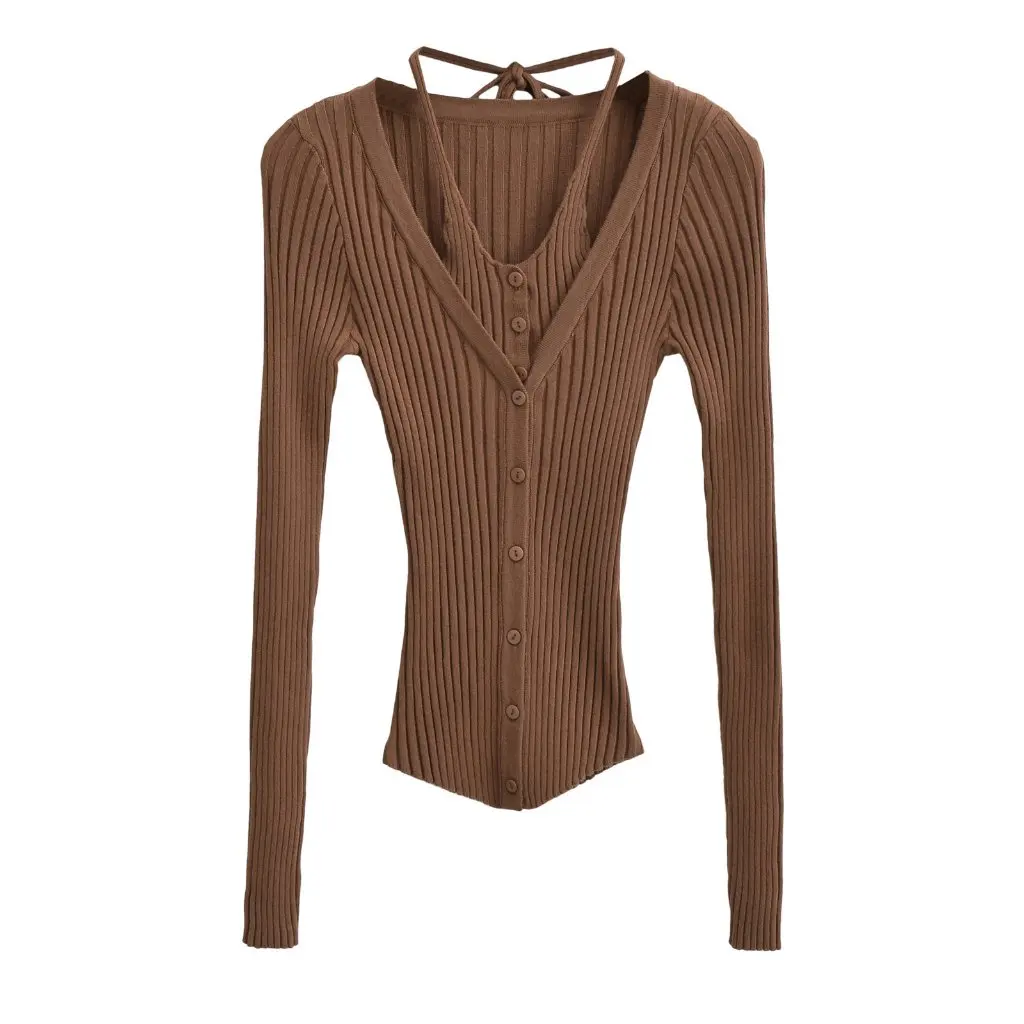 

Women's Slimming Long-Sleeved Cardigan Knitted Sweater Halter Style Fake Two-Piece Spring Autumn American Hot Girl Fashion