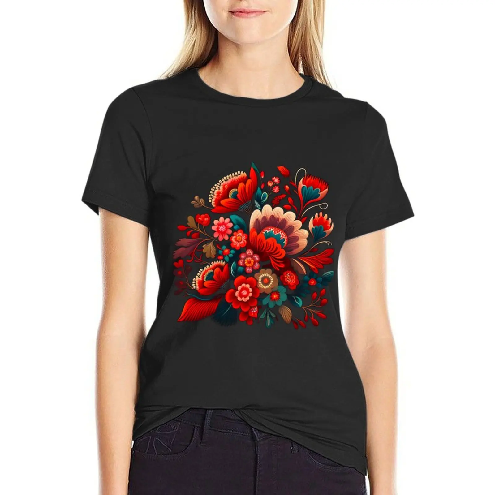 

Polish Folk Flowers Red on Black T-Shirt plain summer top white t shirts for Women