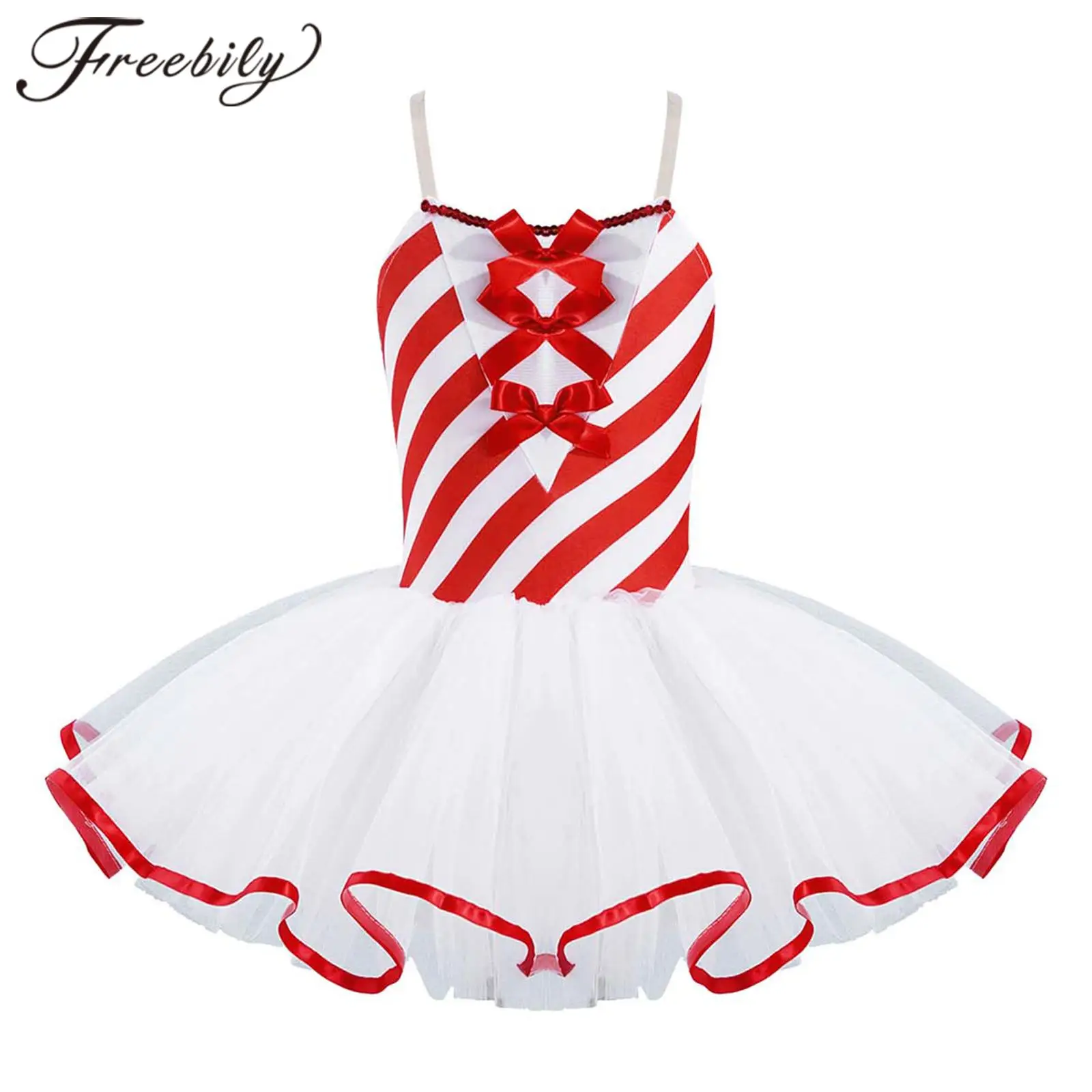 

Kids Girls Striped Ballet Dance Tutu Skating Gymnastics Leotard for Christmas Dress Xmas Santa Party Dress Up Cosplay Costume