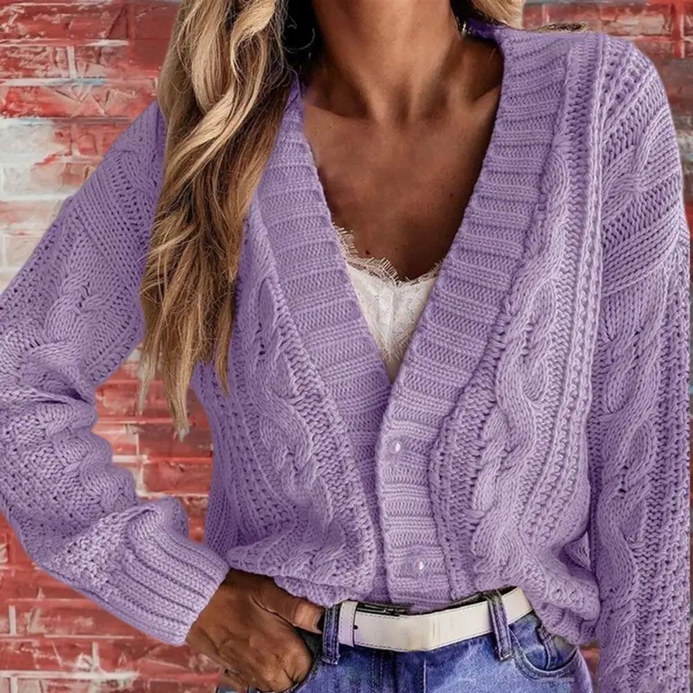 

Women Knitted Cardigans Sweater V-Neck Long Sleeve Twist Knitted Coat Autumn Solid Color Buttons Placket Knitted Coat Outerwear