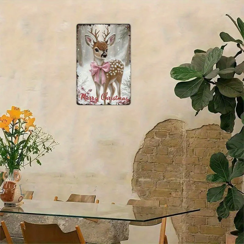 2D Flat - 1pc 2D Flat-Printed Metal Tin Sign Featuring a Vintage Christmas Deer Design, Suitable for Wall Decoration. This Versa