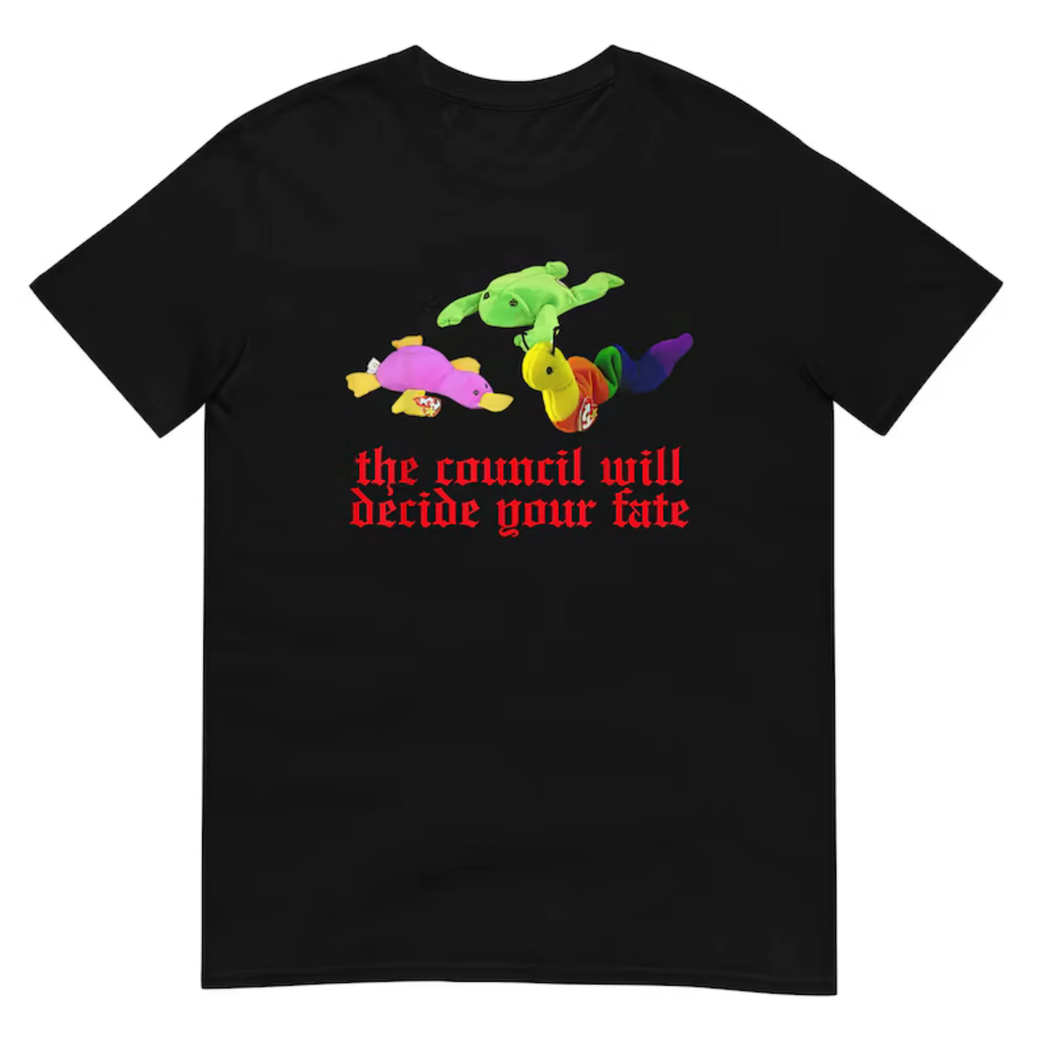 Women Short Sleeve T Shirt The Council Will Decide Your Fate Colorful Bean Plush Toys Gothic Text Casual Tee