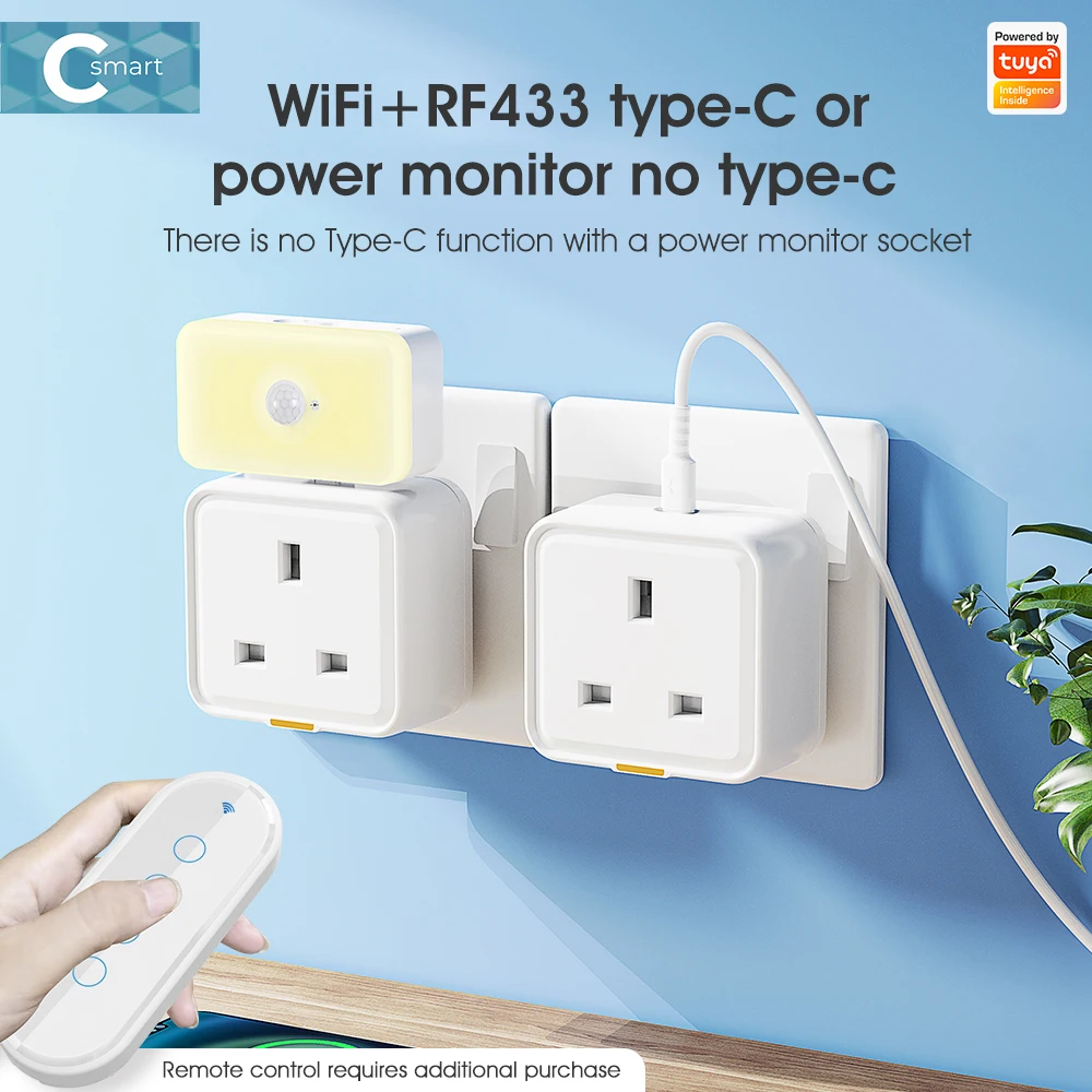 Tuya WiFi RF433 Smart Plug UK, Smart Socket, WiFi Plug Type-C 16A Adapter Power Monitoring Timer Voice Assistant