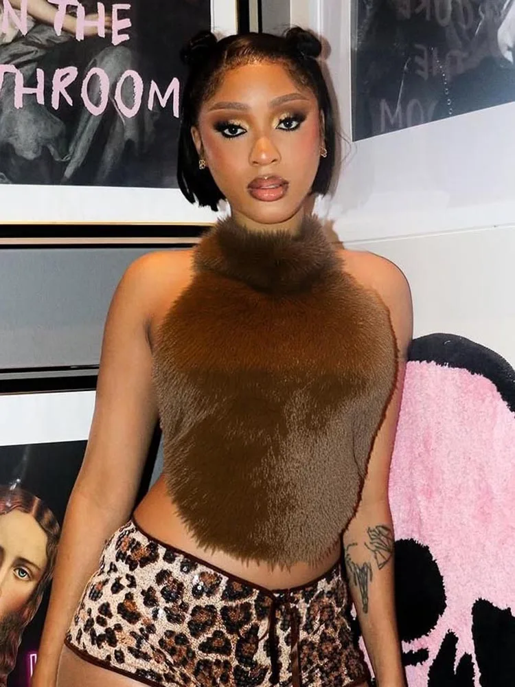 

Weird Puss Furry Halter Tank Top Women Backless Turtleneck Button Sexy Hottie Winter Trend Simple Wild Stretch Slim Street Vest