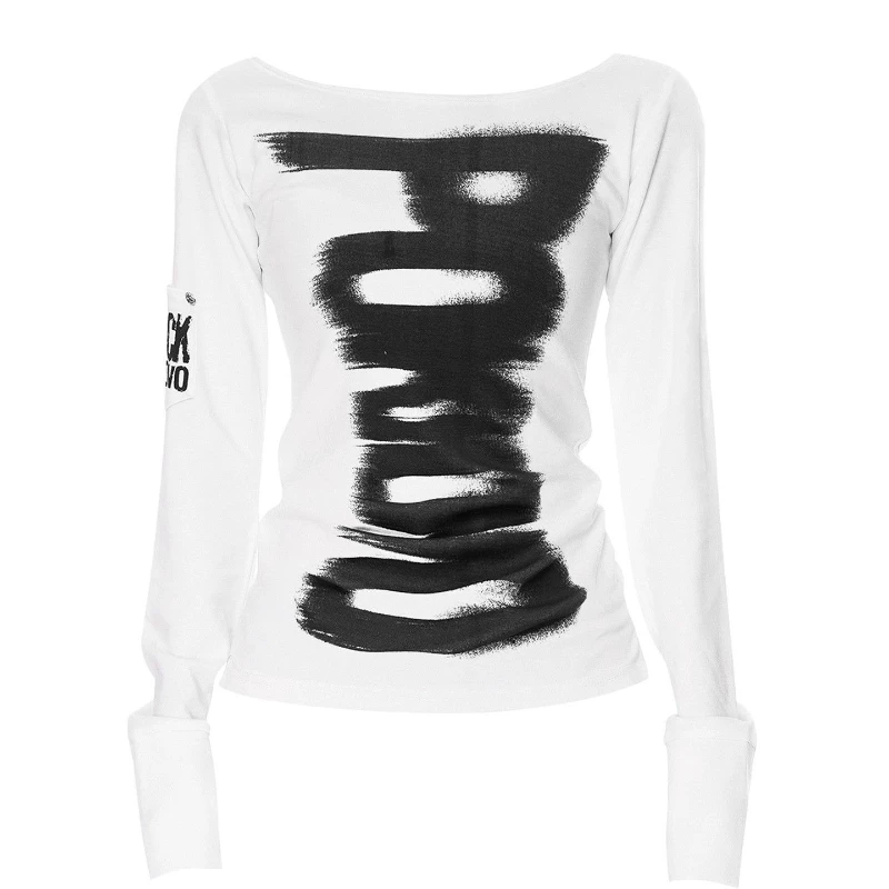 American Retro Y2k Long Sleeve T-Shirt Women Letter Print Bodycon Tops Casual Vintage O-Neck Streetwear Sexy 2025 Autumn