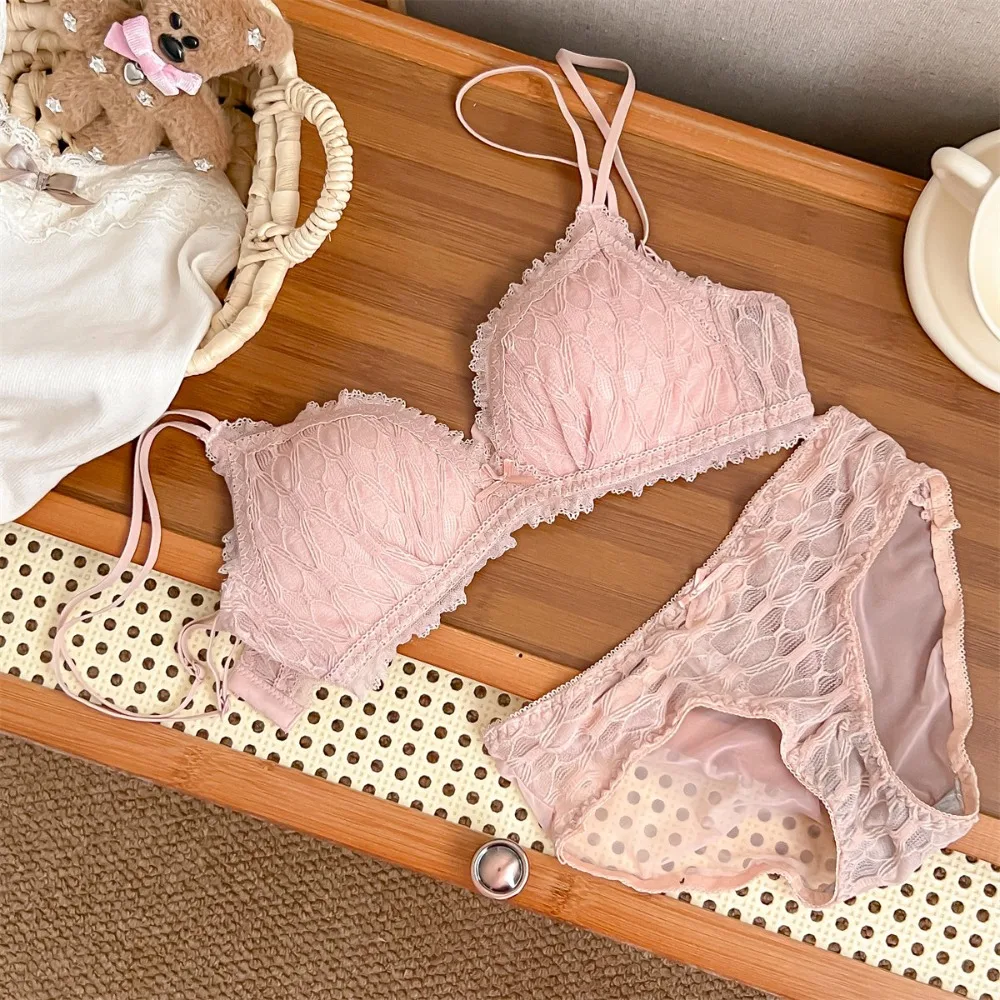 Women French Triangle Cup Bralette Set Wireless Thin Cup Breathable Beauty Back Small Chest Lift Anti Sag Underwear Bra 32-38 ``