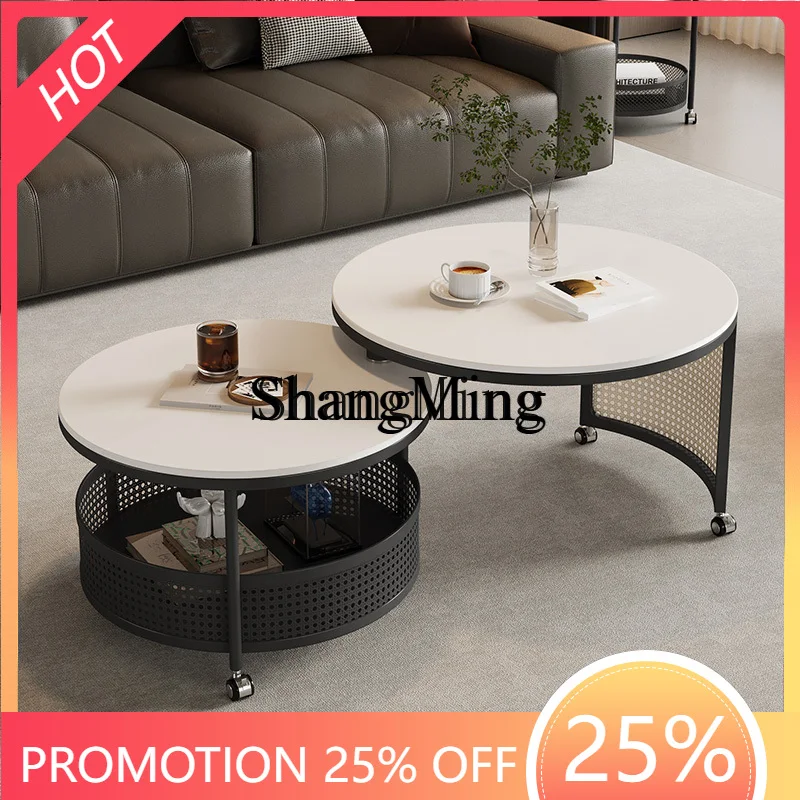

CL luxury rock slab living room coffee table household round movable small coffee table with wheels