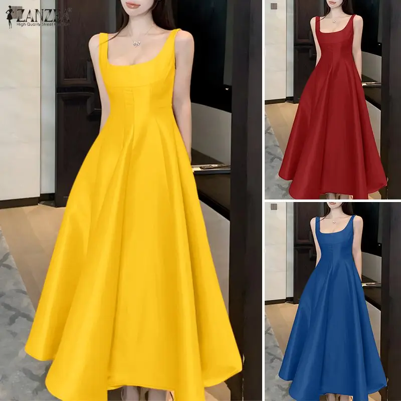 

Elegant Party Dress Summer Satin Dress Plus Size ZANZEA Women Square Neck Sleeveless Sundress Stylish Solid A Line Long Robe