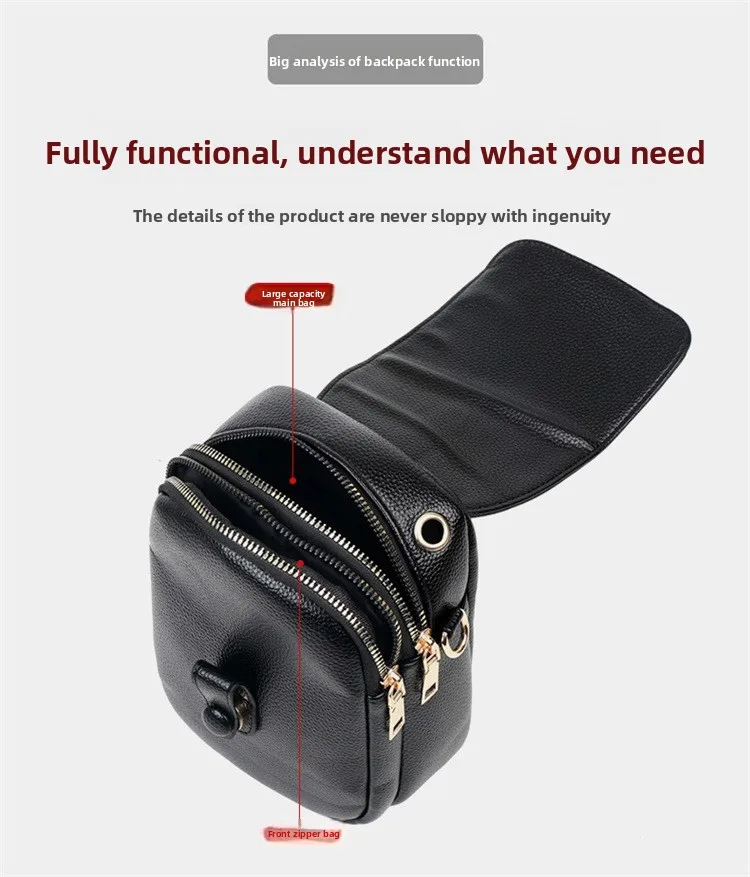 Mini-Multifunktions-Umhängetasche aus Leder für Handy/Sport, Cross-Taschen mit Kopfhöreranschluss, mehrlagige Damentasche mit Abdeckung – Detail 14