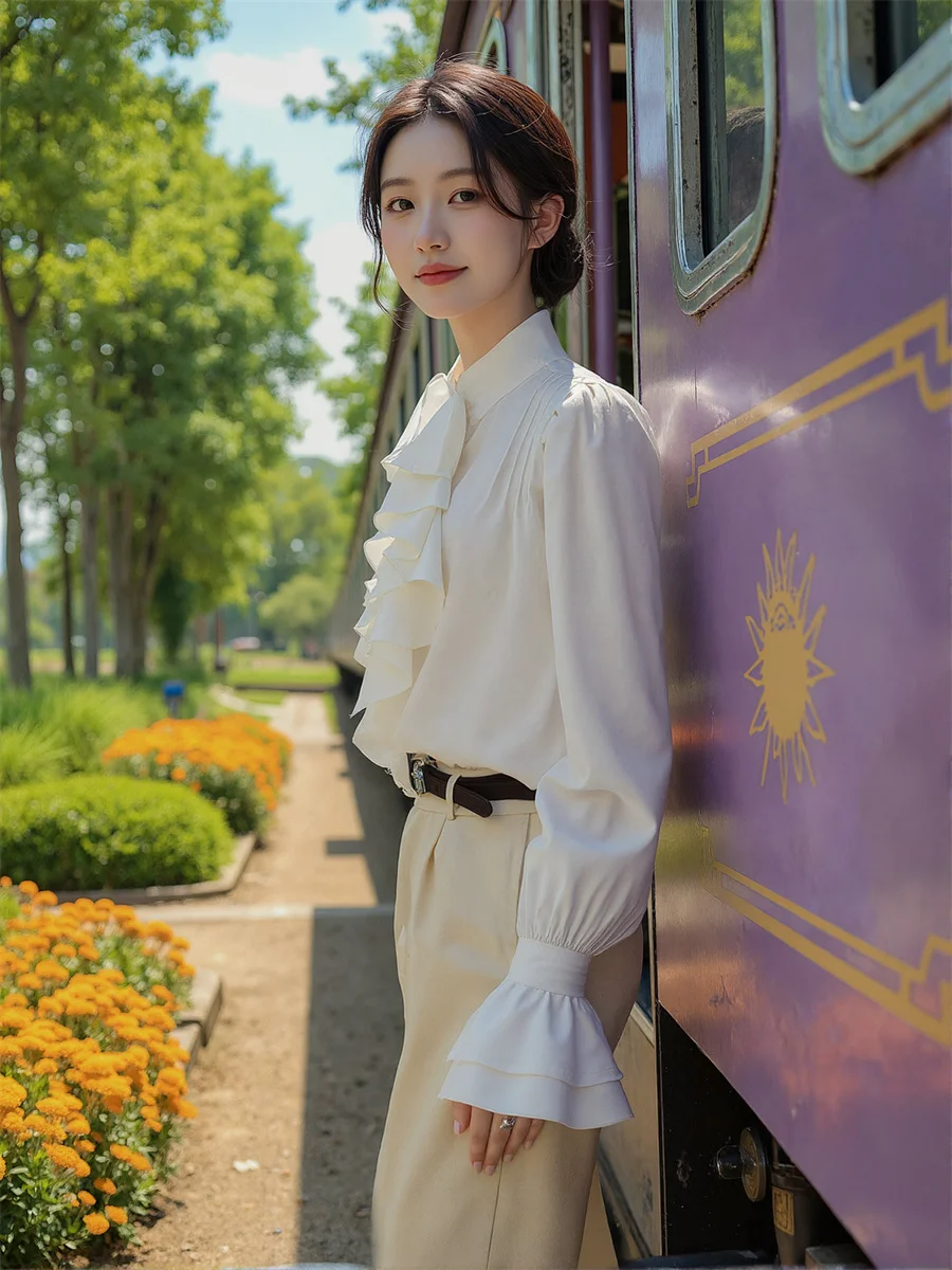 

Ruffles French Style Shirts Japanese Blouses Women'S Christmas Clothes Winter Elastic Beach Striped Button OL Turn Down Harajuku