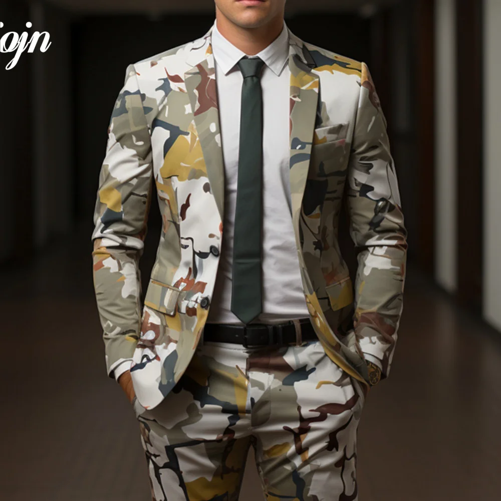 Formal 3D Printed Men Suit Set 2PCS Charming Notched Lapel Suit Wear Classic single-breasted Performance Suit blazer masculino