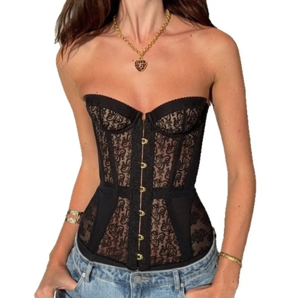 Sexy Style Black Women Strapless Top Lace Hollow Out See Through Top Corset Vest Party Vacation Wear