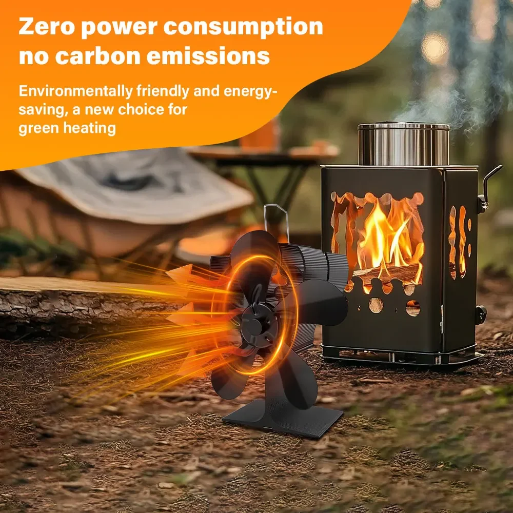 Heat Powered Stove Fan for Log Wood Burner Fireplace Eco Quiet Black 5 Blades Efficient Heat Distribution Winter Warmer Home