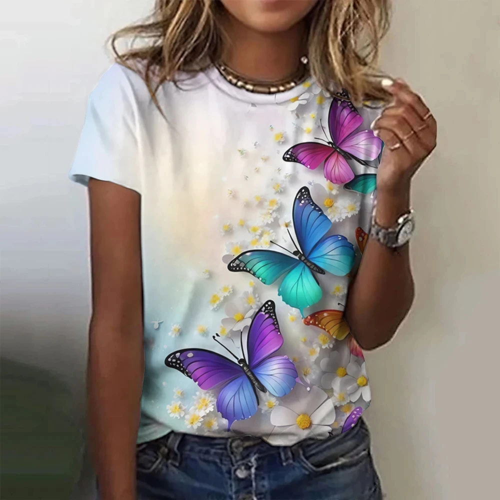 New Butterfly Floral Flower 3D Print T-Shirt Women O-Neck Short Sleeve T Shirt Y2k Harajuku Oversized Tees Tops Female Clothing