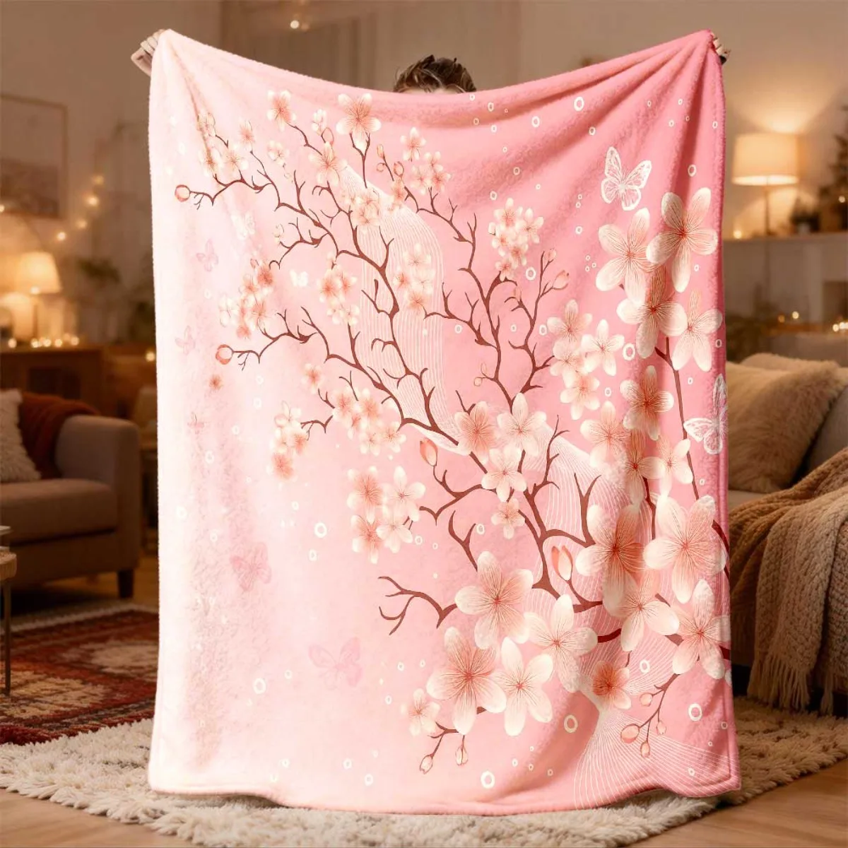 Fluffy Pink Cherry Blossom Throw Blanket Cozy Plush Decorative Throw for Sofa Bedding Gift