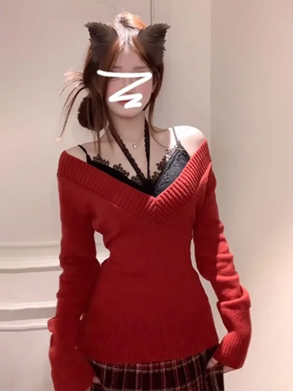 

Red Knitted Slim Fit V-Ne Sweater Women's Early Spring Sle Inner Wear Base irt Top for New Year's Celebration
