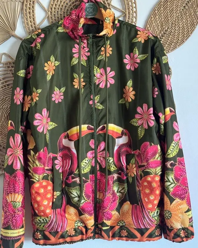

Vintage Coats In Autumn Wear Women's Tropical Print Drawstring Collar Long Sleeve Jacket Female Casual Pocket Design Loose Coat