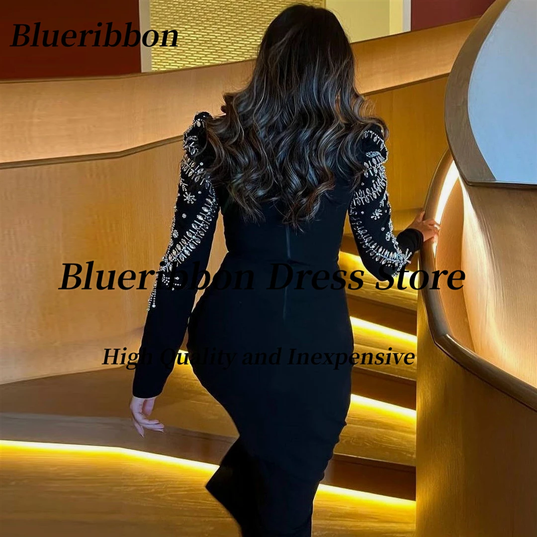 Blueribbon Black Ankle Length Dresses for Evening Banquet Sheer V Neck Bead Crysrals Long Sleeves Prom Dress Saudi Arabia Party